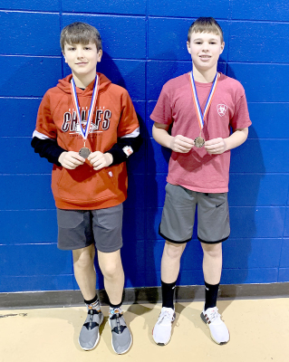 CONGRATULATIONS TO THESE TWO BOYS! Kolt Kuhlmann and Jace Kesler placed third in their respective age groups at the Regional Knights of Columbus Free Throw Contest in Quinter on Sunday, February 19th. There were seven contenders in each category.