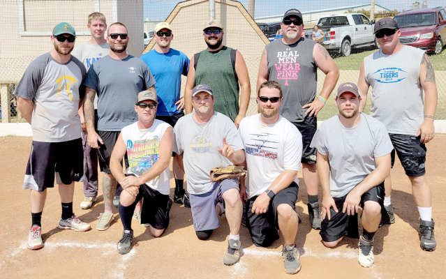 TEAM GOOD TIMES won this year’s Stockton Recreation Commission’s Adult Softball League Season-Ending Tournament. Members of the team are: front row, from left: Andy Peterson, Rick Beck, Austin Wieden, and Jeff Riener; and back row, from left: Seth Derr, David Earl, Spencer Hilbrink, Dustin Kriley, Jesse Stithem, Jesse Dunlap, and Don Moffet. (Courtesy Photo)
