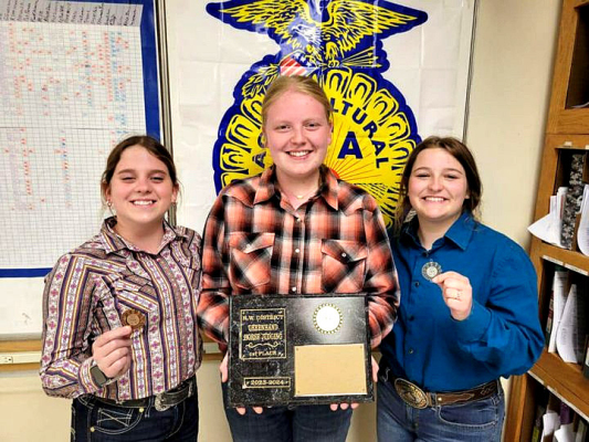 CONGRATULATIONS to the Stockton FFA Greenhand Horse Judging team in placing first out of sixteen teams at the recent competition in Colby. Pictured are Mia Odle (third place), Brenna Odle (26th place), and Skylar Amlong (second place).