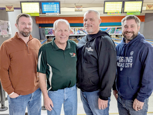 AFTER WINNING THIRD QUARTER HONORS back in March, the Farmers Union Mercantile Team of Nathan Glendening, Dale Boucher, Dan Wessel, and Stephen Bellerive, finished out the season as the fourth quarter winners of the Bowlerama men’s bowling league at 183 Lanes. Not pictured is team member Brian Nelson. (Courtesy Photo)