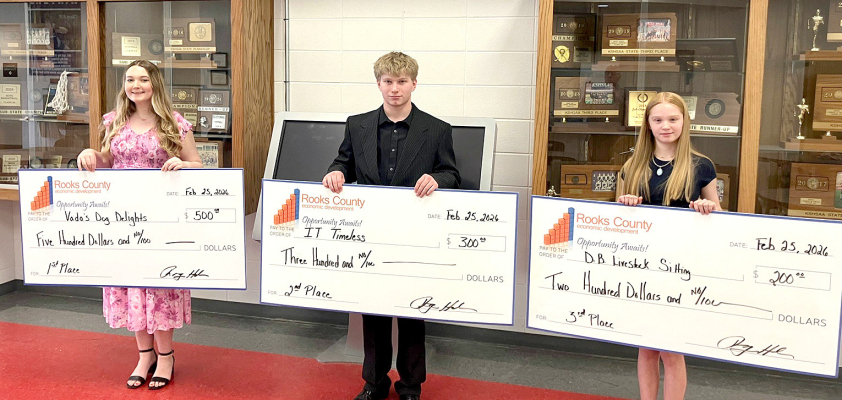 THE 2026 ROOKS COUNTYYOUTH ENTREPRENEURSHIP CHALLENGE WINNERS are: from left, Hadley Sterling, 1st place; Isaac Thayer, 2nd; and Daylen Beesley, 3rd. (Courtesy Photo)