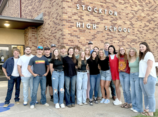 THE STOCKTON HIGH SCHOOL CLASS OF 2025 gathered for a picture on the first day of their senior year. Pictured from left are: Deacon Creighton, Jaxon Dunlap, Emerson Lowry, Ryan Mongeau, Kagan Dix, Ryleigh Gardner, Cason Iwanski, Shyanne Balthazor, Holden Burton, Katlyn Couse, Brin Muir, Jack Gasper, Bodye Stithem, Lillie Ferguson, Ava Dix, Taylor Inglsbee, Aubrey Kesler, Ella Snyder, Ashlyn Hahn, and MacKenzie Kester. Kayden King and Rivver Long not pictured. (Courtesy Photo)