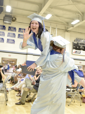 SENIOR RIVVER LONG HOISTS UP RYLEIGH GARDNER as the Class of 2025 exits the Stockton High School Gymnasium for the last time. The Commencement for Stockton’s 130th Graduating Class was held on Saturday afternoon, May 10.