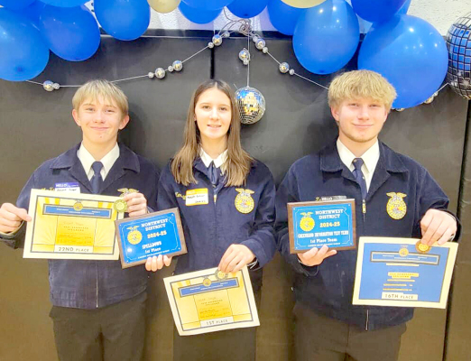 PLACING AT THE GREENHAND INFORMATION TEST held in Downs on Monday, October 14th, were (from left) Vincent Thayer, who placed first out of 194 students; Meredith Gasper, who placed second; and Isaac Thayer, who placed seventh. Gasper also won the Spelldown Competition!