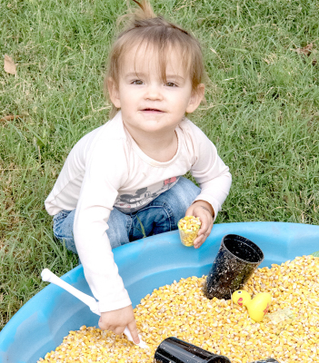 Penelope Horn enjoys playing in the corn at the Patch