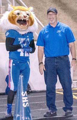 The Tiger Mascot and AD Clint Bedore at Stockton vs. St. Francis Football Game