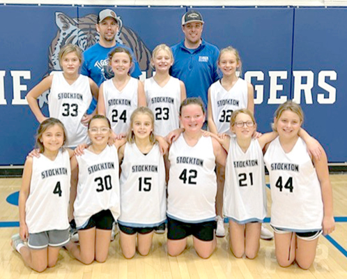 THE STOCKTON RECREATION GIRLS BASKETBALLTEAM ended on a high note with a win in their final game of the season. Pictured are (front row, from left) Bryah Stithem, Maleigha Horn, Makinley Riener, Tessa Look, Evelyn Hilbrink, Shelby Thayer; (middle row) Maggy Butler, Ava Armstrong, Raya Kuhlmann, Adreena Lowry; (back row) coaches Jeff Riener and Clint Armstrong.