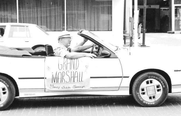 LEADING THE 1989 ROOKS COUNTY FREE FAIR PARADE was retired Fair Secretary George 'Butch' Ostmeyer, as Grand Marshal. Butch spent many years as the Fair's secretary and initiated several entertaining features.