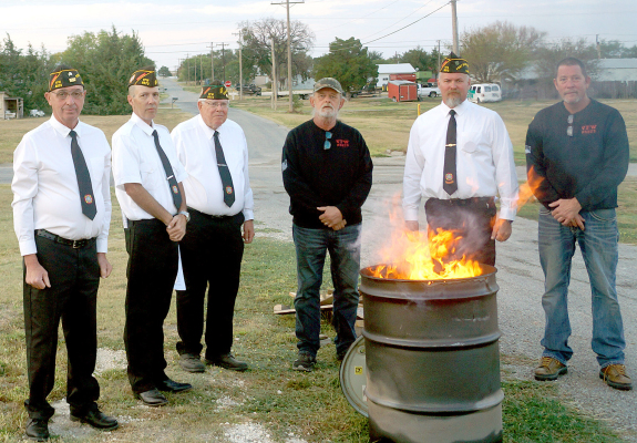 THE MONROE-TAYLOR-BARNES VFW POST #8873 conducted a U.S. Flag Retirement Ceremony on Saturday, September 10th, 2022, in which 50 condemned flags were respectfully disposed. The ceremony took place at EAG Service Center in Stockton, Kansas. For information on properly retiring the U.S. Flag, please feel free to contact VFW Post 8873 via email at vfwpost8873@gmail.com. The Post maintains a U.S. Flag drop box in front of the Hall located at 314 Main Street to ensure flags are respectfully retired. Pictured are