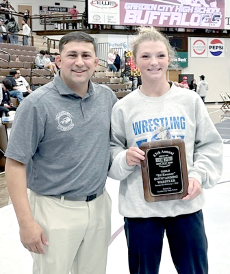 ASHLYN HAHN was presented the Girls “Ed Kramer” Outstanding Wrestler plaque at the Rocky Welton Invitational held in Garden City last weekend. Hahn is 30-0 on the season. (Courtesy Photo)