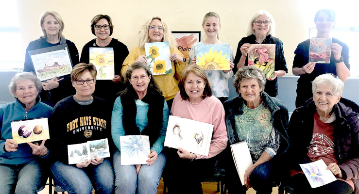 AREA PAINTERS gathered for the Water Color Painting Workshop held Saturday, November 12th, in Palco. Those included, front row, from left: Bonita Oliva, Cindy Balthazor, Cynthia Steeples, Margie Hammerschmidt, Annie Webb and Linda Schamber. Back Row, from left: Paula Desbien, Margie Caspers, Shannon Kenyon, Lily Dickman, Margaret Wilson, and Shelby Herrman.
