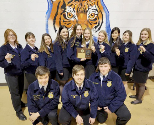 PLACING FIRST as a team at the recent Northwest District Speech Contest were Stockton FFA members (front row, from left): Zach Young, Jaxon Dunlap, Ryan Mongeau; (back row, from left) Rachel Dryden, Coryn Hahn, Bodye Stithem, Mackenzie Kester, Cappi Hoeting, Ava Dix, Jolee Sterling, Jalia Creighton, Rivver Long and Brin Muir.