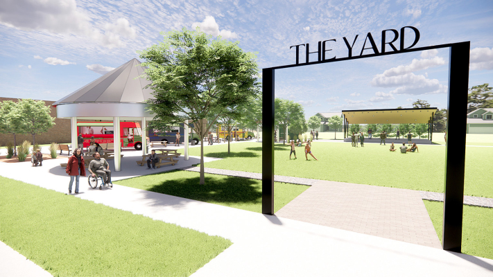 A RENDERING of The Park, Plainville’s planned community gathering space designed to bring residents and visitors together in the heart of downtown.