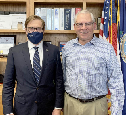 KANSAS LIEUTENANT GOVERNOR David Toland met with Stockton City Commissioner Bob Becker and visited about good things happening in Stockton.