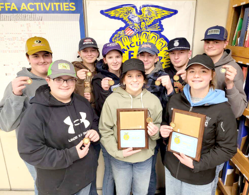 CONGRATULATIONS to the Stockton Senior FFA Meat Judging Team, who placed FIRST at the Northwest District Meat Evaluation Contest in Grinnell on Saturday, February 7th! Pictured is the team with individual Top Ten placings noted: (front row) Parker Pasilas, Mia Odle (third), Blayke Stithem; (back row) Raiden Huenergarde, Lyllyn McNulty, Meredith Gasper (fourth), Vincent Thayer (ninth), Isaac Thayer (sixth), and Kolby Dix (second).