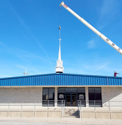 THE NEW WHITE STEEPLE AND CROSS