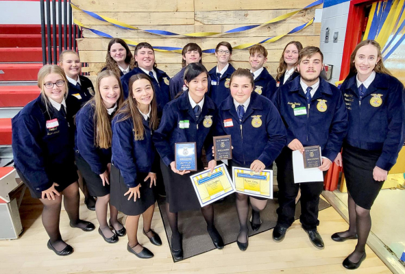 ATTENDING THE NORTHWEST DISTRICT FFA GREENHAND CONFERENCE held in Russell on Wednesday, October 20th were the members of the Stockton FFA. Pictured are (front row, from left): Brin Muir, Ava Dix, Bodye Stithem, Jalia Creighton, Rivver Long, Jaxson Dunlap, Cappi Hoeting; (back row, from left) Lillie Ferguson, MacKenzie Kester, Ryan Mongeau, Emerson Lowry, Jack Gasper, Cason Iwanski and Kourtney Bigge.
