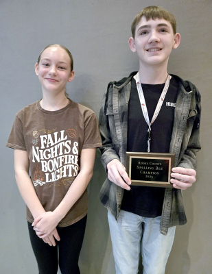 RUNNER-UP ADRENNA LOWRY (LEFT) and 2026 Rooks County Spelling Bee Champion Veidyn Holmes (right) are pictured following the contest held on Tuesday, February 3rd in Plainville. Holmes will now represent the county at the State competition in Salina on Saturday, March 21st.