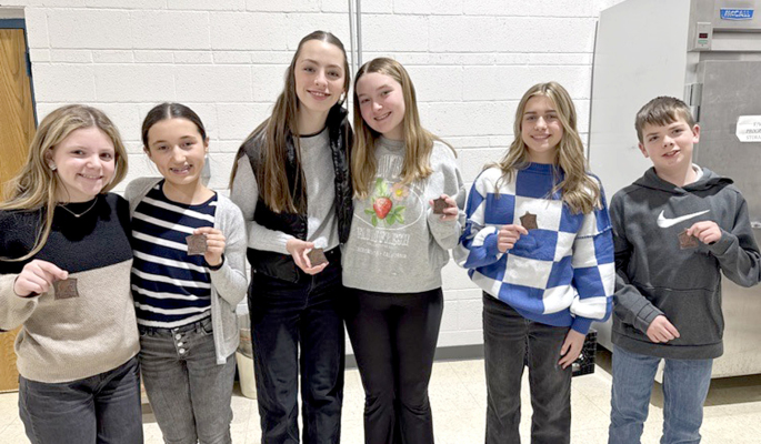 THE STOCKTON SEVENTH-GRADE SCHOLARS BOWL TEAM placed fourth at the Tescott meet on Monday, February 17th. They are (from left): Remy Muir, Corbyn Glendening, Addie Dix, Hadlee Sterling, Harper Lowry, and Hudson Kriley.