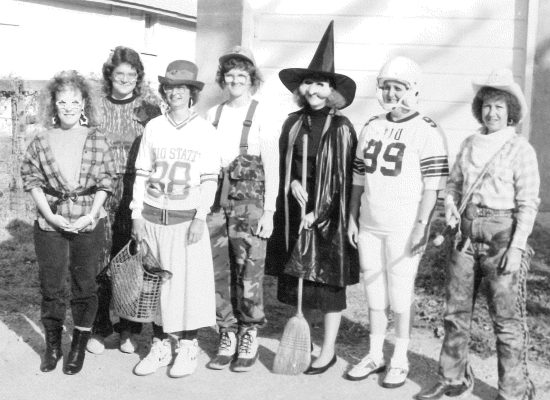 THE STOCKTON ASCS EMPLOYEES were all set for anything Halloween in the Fall of 1989. Pictured are (from left): Mrs.Alec Hrabe, Mrs. Dennis Bedore, Mrs. Judy Schroeder, Mrs. Sheldon Brown, Mrs. Grant Conger, Mrs. Roy Slansky, and Mrs. Vernon Strutt.