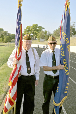 STOCKTON VFW POST 8873 VETERANS John Berkley (left) and Mark Trumbo (right) helped with the Homecoming ceremonies and who start every home football game with our National Anthem.