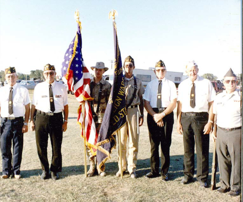 THIS PHOTO is from the early 2000s and is courtesy of the Monroe Taylor Barnes VFW Post 8873. The Honor Guard members are Duane Miller, Harold Bennett, Earl Richardson, Charlie Sander, Benny Wise, Harry Doughty, Linus Rogers, and Don Richardson.