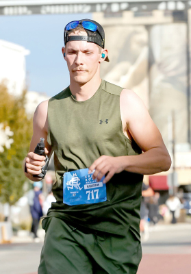 Jacob is focused while running his first marathon