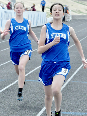 JALIA CREIGHTON edges out teammate Ava Dix in the 100 Meter Dash to win one of her four gold medals on the day at the Stockton track meet.