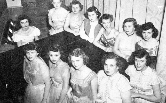 THE GIRLS SINGING GROUP, “THE DOZENETTES” were featured in the 1952 Plainville Cardinal yearbook. Pictured are (left to right): Sue McCludky, Joan Bartlett, Nadine Rumbaugh, Billy Miller, Jean Westcott, LaVonne Williams, Madeline Dopita, Gera Ordway, Paula Laughlin, Lora Kay Harrison, Pat Hazen, and accompanist Shirley Thomas.
