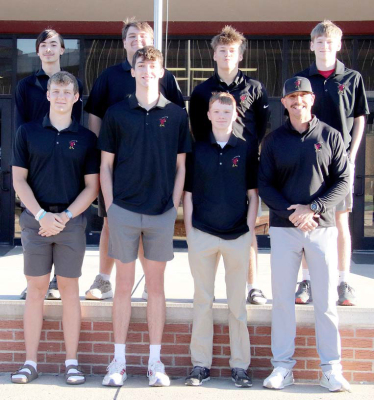 MEMBERS OFTHE 2026 PLAINVILLE CARDINAL GOLFTEAM are front row, from left: Owen Brewster, Ben Rinehart, Coy Beesley, Coach Justin Prater; back row, from left: Wyatt Waggoner, Cole Anderson, Easton Ditter, and Rowen Wyatt. (Photo Courtesy of PHS Yearbook)
