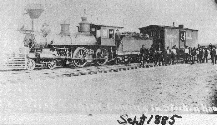 THIS PICTURE OF THE FIRST ENGINE COMING INTO STOCKTON, dated September 1885, should bring back memories for a lot of the community, as a mural of the scene was depicted on the Methodist Church’s Thrift Shop building for many years. Does anyone remember who painted the mural on the west brick wall? We know, do you?