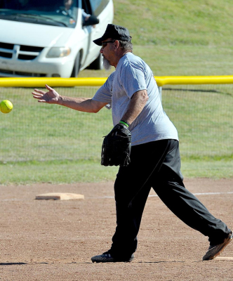 STILL PITCHING AFTER ALL THESE YEARS. Mack Palmer throws a pitch during the Stockton Rec Commission’s softball tournament which was held recently. 