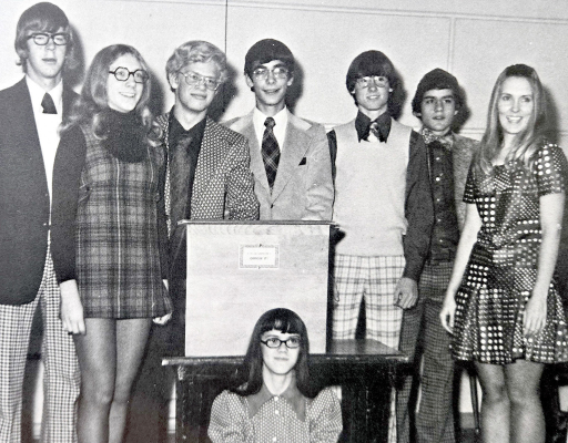 THE 1974 STOCKTON HIGH SCHOOL DEBATE TEAM consisted of (sitting) Susan Grover, (back row) Mark Kreller, Karen Iwanski, Randy Currie, Kevin Young, Blaine Hageman, Tim Votapka, and sponsor Johanna Johnson.