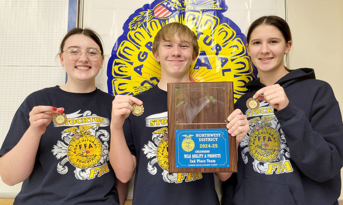 PLACING SECOND as a team in the Greenhand Division in the recent Milk Quality &amp; Products contest were Kourtnie Bird (ninth place), Vincent Thayer (fifth place), and Meredith Gasper (fourth place).
