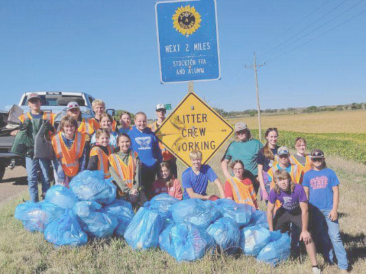 STOCKTON FFA MEMBERS enjoyed a nice Saturday, Sept. 24, picking up trash in their designated two-mile area. As evidenced by the pile of stuffed trash bags, the kids did a great job! Thank you!