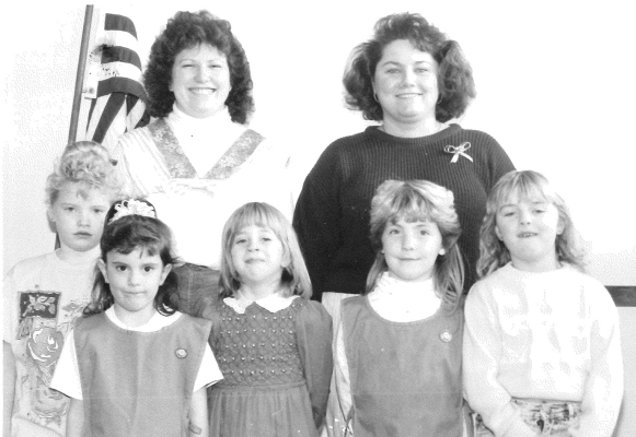 THE DAISY GIRL SCOUTS IN 1991 were (front row, from left): Kinsey Miller, Heather Lowe, Dani Emery, Angela Horn, and Kelli Weidenhaft. Their leaders were Sondra Moore and Donnell Schneider.