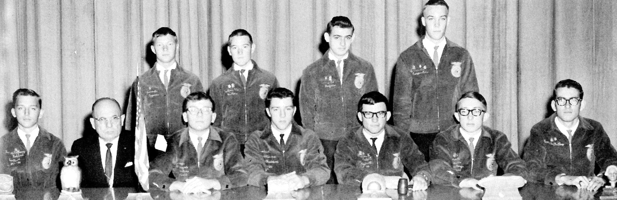 THE 1966 STOCKTON HIGH SCHOOL FFA COUNCIL were (sitting, left to right): David Goddard, Mr. Floyd Blauer, Larry Conyac, Robert Williams, Byron Knight, Dennis Bedore, Marvin Kriley; (standing) Richard Eggers, Kenton Miller, Alton Hazen, and Bruce Carpenter