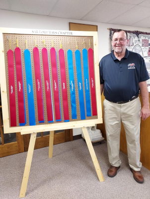 GARRY BAXTER, president of the Fort Hays Chapter of the Sons of the American Revolution Chapter, stands beside the ribbon board that is displayed at their meetings denoting projects and service ribbons given to members throughout the years.