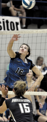 AUBREY KESLER spikes the volleyball over the net in the Lady Tigers’ match against Phillipsburg held on September 6.