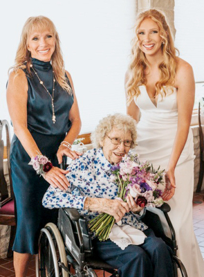 EDNA (DIBBLE) TAYLOR MCCALL turned 99 on September 24. She enjoyed celebrating with family and friends. Edna wants to thank everyone for the visits and cards. She is shown here with her daughter Stephanie Sullivan, and her granddaughter Taylor Dalrymple at Taylor’s wedding in June.