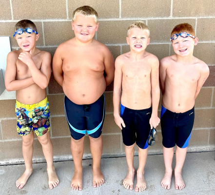 THE TIGER SHARKS 8 &amp; UNDER 100FR RELAY TEAM of (from left) Grandon Mongeau, Trent Look, Jevin Rush, and Merrick Oller, won the Leage Championship at Imperial, Neb., on Saturday, July 13. The Team entered the meet at the #1 seeded team. Congratulations, boys!