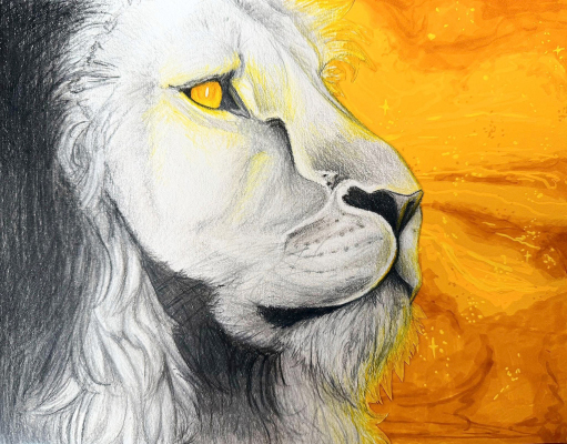 LION, a mixed media piece by junior Jayana Creighton of Stockton, captures the strength and quiet majesty of this powerful animal through bold contrast, texture, and an intense, commanding gaze. (Courtesy Photo)