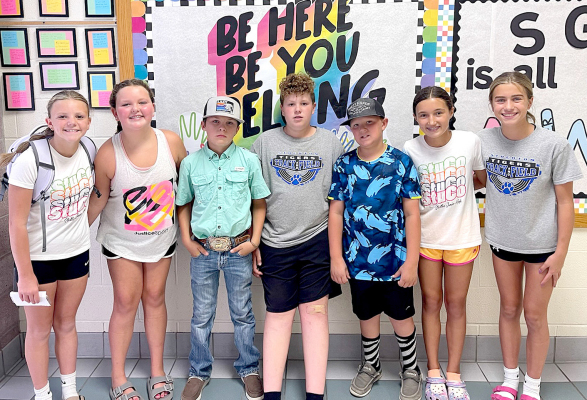 SOME OF THE SGS STUDENT COUNCIL MEMBERS posed for a picture during the school’s Open House on Tuesday, August 20th. Pictured are (from left) Remy Muir, Tessa Look, Eli Atkisson, Garrison Mongeau, Grayson Mongeau, Corbyn Glendening, and Harper Lowry.
