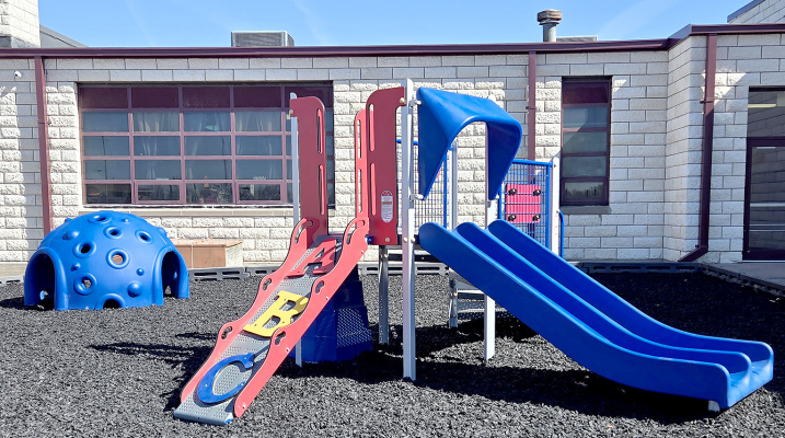 THE NEW PLAYGROUND EQUIPMENT for children ages 2 to 5 has recently been installed at the Stockton Grade School. This first phase of renovations includes a free-standing dome, a PlaySense structure, a welcome sign, and new rubber mulch.