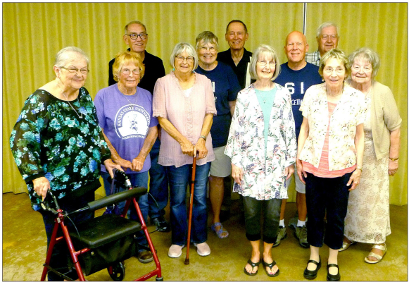 MEMBERS OF THE SHS CLASS OF 1961 attending the reunion are pictured back row, from left: Dale Baxter, Marcia (Maddy) Dove, Tom Riffe, Buzz Dove, Don Maddy, and Pat (Tipton) Hansen; front row from left: Linda (Oliva) Williams, Karen (Waters) Odle, Judy (McLaughlin) Schroeder, Judy (Northup) Turnbull, and Karla (Schuster) Peters.