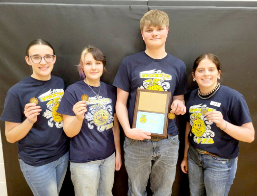 CONGRATULATIONS to the Stockton FFA Senior Division members who brought home the first place plaque at the March 9th Northwest District Entomology Contest in Downs! Pictured, with their individual placings noted, are: Taryn Beiker (sixth place), Piper Creighton (fifth place), Kolby Dix (third place), and Mia Odle (second place). There were 13 teams at the competition and 65 contestants, with the Stockton team all making it into the Top Ten!