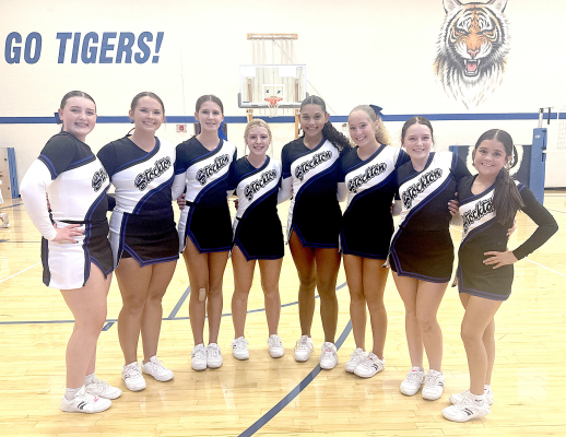 THE 2025-26 SHS CHEER SQUAD members are, from left: Kourtnie Bird, Shae Yohon, Meredith Gasper, Saj Snyder, Adrienne McCoy, Temprance Northup, Lyric Snyder, and Serenity Carpenter. Coach: Bobbi Basart (Photo Courtesy of Bobbi Basart)