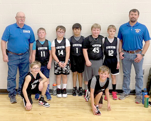THE BASKETBALL SEASON of the Stockton Recreation boys' basketball ended on Saturday, December 2nd, with a home game. Pictured are (front row, kneeling) Jaxen Balthazor, Cohen Muir; (back row) coach Roger Hessler, Grayson Mongeau, Carter Martin, Jefferson Creighton, Jack Morgan, Henry Berkley, and coach Heath Muir.