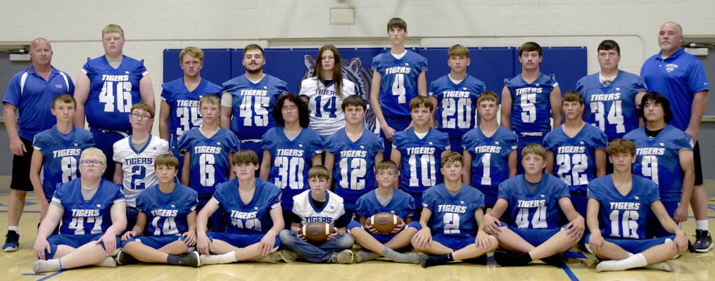THE 2024 SHS TIGER FOOTBALL TEAM members are front row, from left: Tanner Post, Kolt Kuhlmann, DJ Ard, Lucas Earl (mgr.), Titus Ferguson, Calder Elmer, Damon Muir, Landon Roene; middle row, from left: Haden Hahn, Beckem Hilbrink (mgr.), Cameron Earl, Josiah Hutton, Cameron Balthazor, Dayton Carpenter, Jace Kesler, Lincoln Keller, and Jaydan Arellano; and back row, from left: Don Moffet (head coach), Taylor Inglsbee, Deacon Creighton, Jaxon Dunlap, Shyanne Balthazor (mgr.), Jack Gasper, Casfor Image