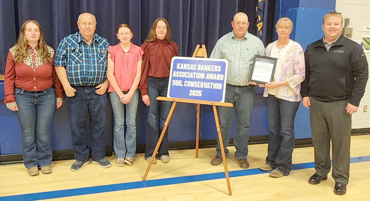 SAINDON FARMS was honored with one of the two Bankers’ Soil Conservation Awards on Monday, February 9, at the Stockton High School. Pictured left to right: Lorene Saindon, Melvin Saindon, Lynden Saindon, Marie Saindon, Matt Saindon, Lona Saindon, and Chase Look—Key Banker. The other Bankers’ Soil Conservation Award went to Taylor and Maddie Lambert. See their photo located elsewhere in this issue of the Sentinel-Times. (Courtesy Photo)